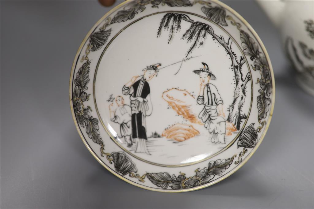 A Chinese grisaille teapot, 14cm high tea caddy and cover and a coffee cup and saucer, Qianlong period